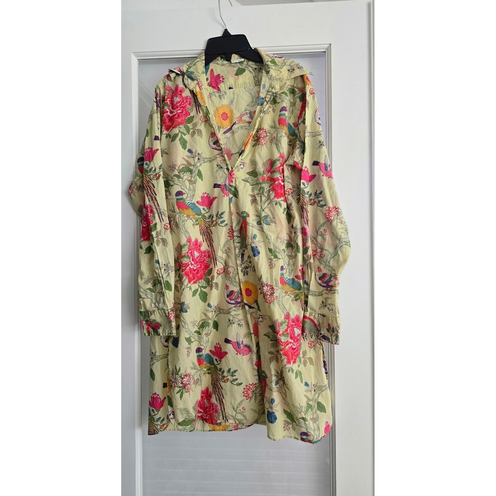 The Shop Women Yellow Cotton Tropical Bird Floral Shirt Dress Tunic Medium